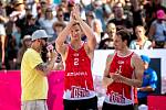 Turnaj Pro Tour kategorie Elite v plážovém volejbalu, zápas o 3. místo muži, 4. června 2023, Ostrava. (Zleva) David Schweiner (CZE) a Ondřej Perušič (CZE).