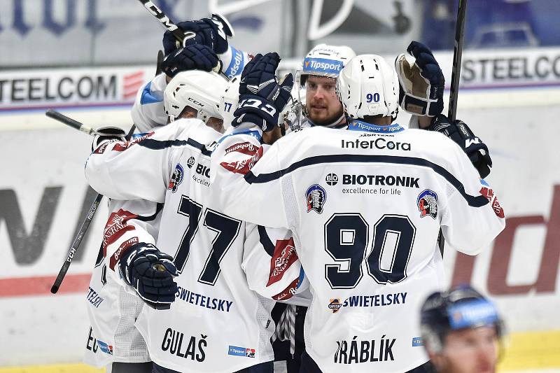 Utkání 4. kola hokejové extraligy: HC Vítkovice Ridera - HC Škoda Plzeň, 23. září 2018 v Ostravě. Na snímku radost Plzně.