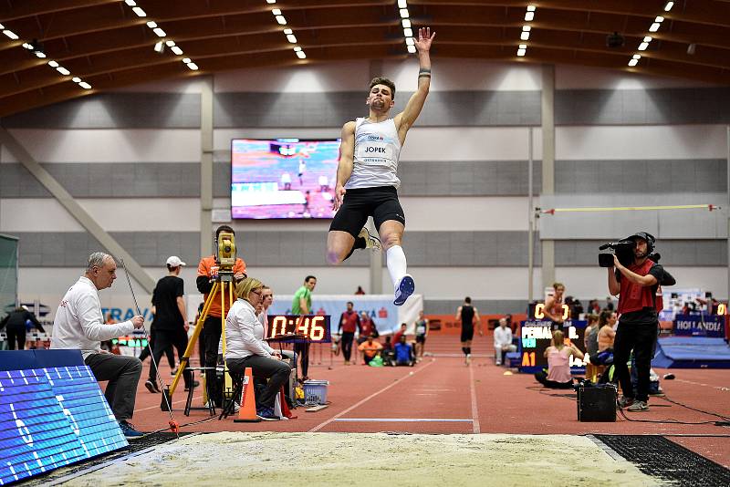 Mezinárodní halový atletický mítink Czech Indoor Gala 2020, 5. února 2020 v Ostravě. Skok daleký, muži Mateusz Jopek z Polska.