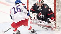 Mistrovství světa hokejistů do 20 let, skupina B: Kanada - ČR, 31. prosince 2019 v Ostravě. Na snímku (zleva) Otakar Sik a brankář Kanady Joel Hofer.