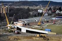 Přestavba fotbalového stadionu Bazaly v Ostravě pokračuje, snímek z 19. března 2019.