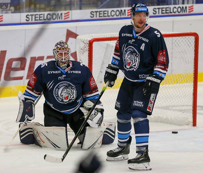 Utkání 3. kola hokejové extraligy: HC Vítkovice Ridera - Bílí Tygři Liberec, 20. září 2019 v Ostravě. Zleva brankář Liberce Justin Peters a Ladislav Šmíd z Liberce.