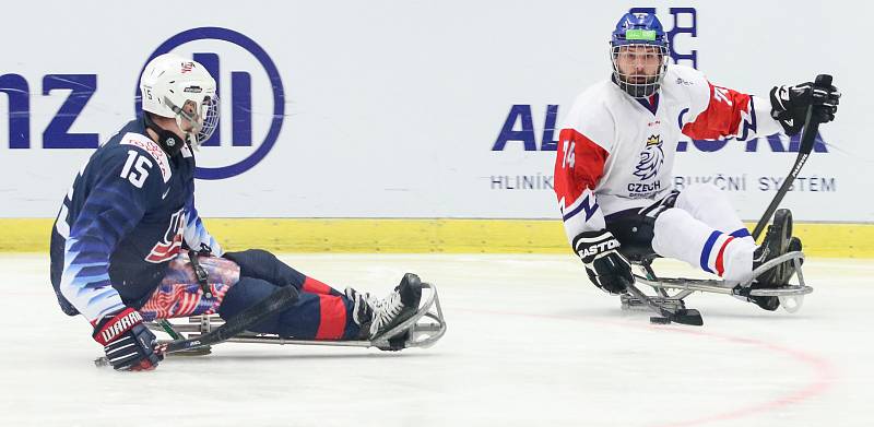 Mistrovství světa v para hokeji 2019, 3. května 2019 v Ostravě. Na snímku (zleva) Zych Kyle (USA), Geier Michal (CZE).