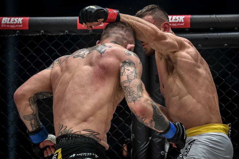 MMA Octagon 11 v Ostravar aréně, 16. března 2019 v Ostravě. Na snímku (v modrem) Václav Mikulášek proti Ondřej Raška.