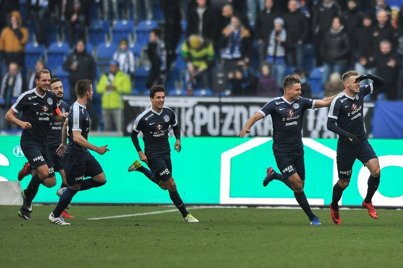 Zápas 17. kola první fotbalové ligy mezi FC Baník Ostrava a 1. FC Slovácko, 17. února 2018 v Ostravě. Radost (vpravo) Tomáš Zajíc ze Slovácka.