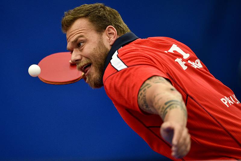 Zápas ve stolním tenisu, TTC Ostrava – KT Praha, 29. dubna 2019 v Ostravě. Zápas Tomáš Pavelka (KT Praha) - Ondřej Bajger (TTC Ostrava). Na snímku Tomáš Pavelka (KT Praha).