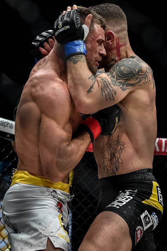 MMA Octagon 11 v Ostravar aréně, 16. března 2019 v Ostravě. Na snímku (v modrem) Václav Mikulášek proti Ondřej Raška.