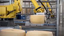 Robotizovaný sklad sklad sýrů společnosti Gran Moravia, 12. srpna 2021 v Cogollo del Cengio v provincii Vicenza, Benátsko, Itálie. Příjem bochníků sýru.