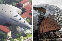 Vizualizace ostravské plánované koncertní síně (vlevo) a snímek Cavatina Hall, nejmodernější koncertní haly v Polsku.