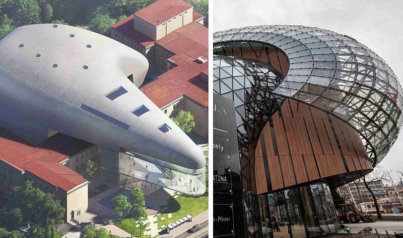 Vizualizace ostravské plánované koncertní síně (vlevo) a snímek Cavatina Hall, nejmodernější koncertní haly v Polsku.