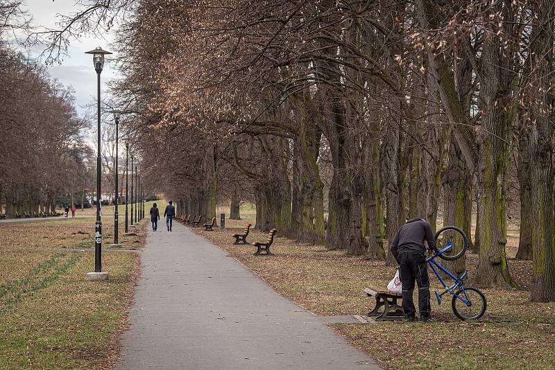 Sobotní dopoledne v Komenského sadech, 13. března 2021 v Ostravě.