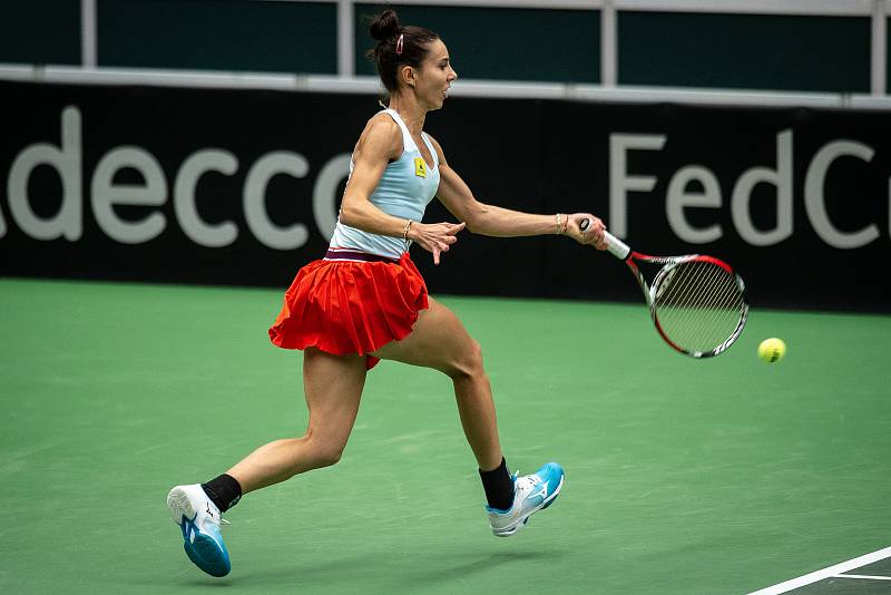 Utkání 1. kola Světové skupiny tenisového Fed Cupu: ČR - Rumunsko, 9. února 2019 v Ostravě. Mihaela Buzarnescu proti Karolína Plíšková.