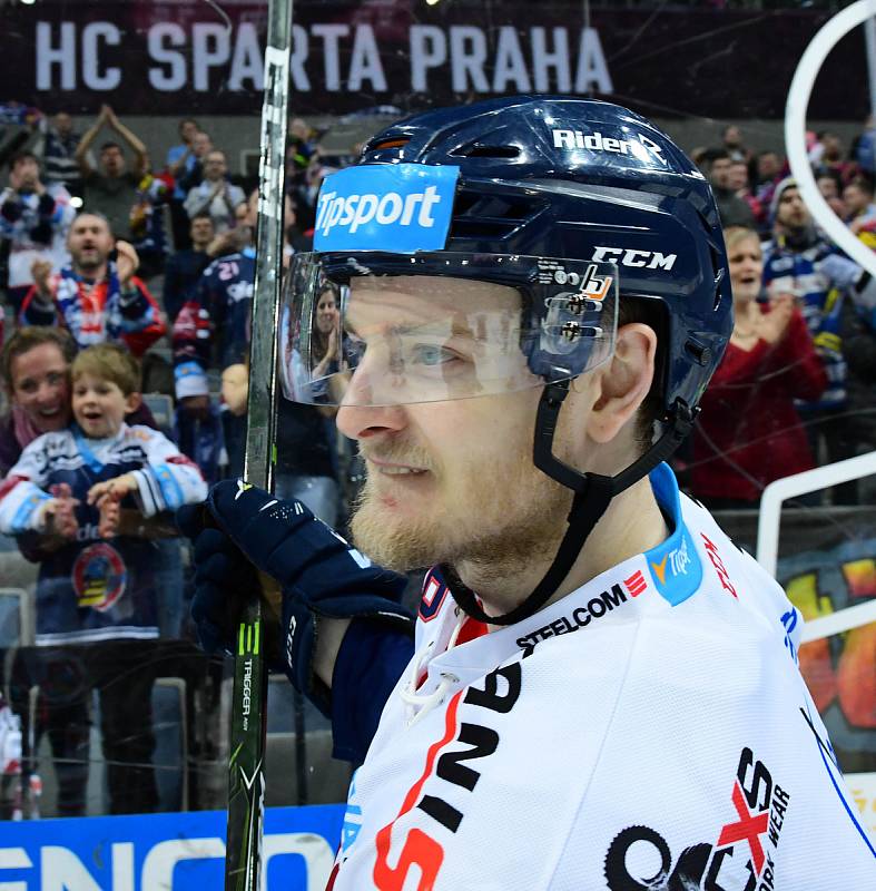 Utkání předkola play off hokejové extraligy - 4. zápas: HC Sparta Praha - HC Vítkovice Ridera, 15. března 2019 v Praze. Na snímku David Květoň