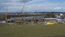 Přestavba fotbalového stadionu Bazaly v Ostravě pokračuje, snímek z 19. března 2019.