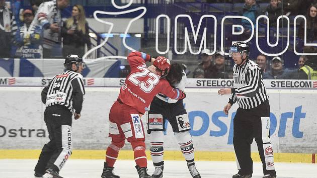 Čtvrtfinále play off hokejové extraligy - 4. zápas: HC Vítkovice Ridera - HC Oceláři Třinec, 25. března 2019 v Ostravě. Na snímku (zleva) Jiří Polanský a Peter Trška.