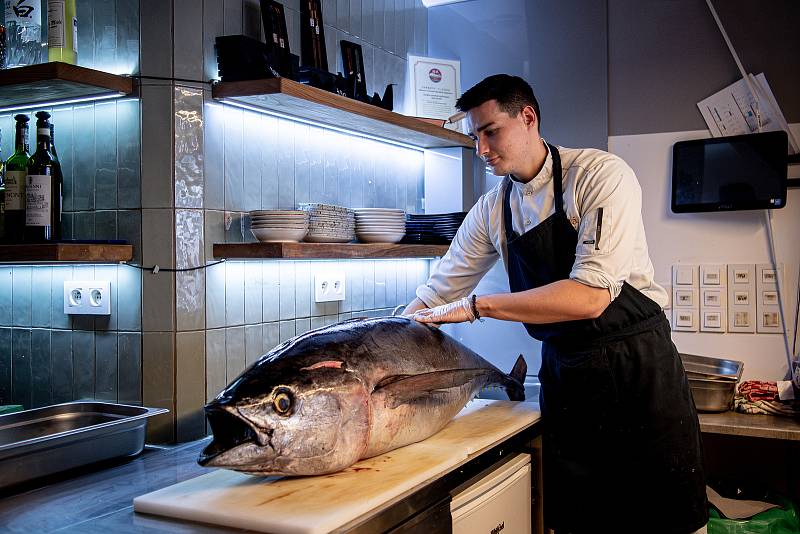 Porcování čerstvého tuňáka z Japonska v restauraci Gokana, 25. května 2023, Ostrava.