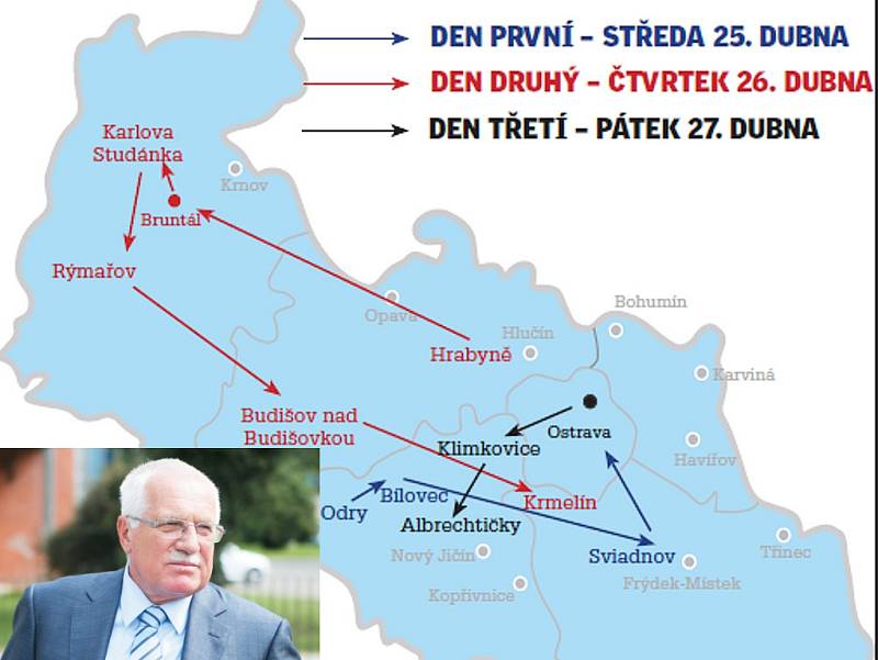 Mapa pohybu prezidenta Václava Klause po Moravskoslezském kraji.