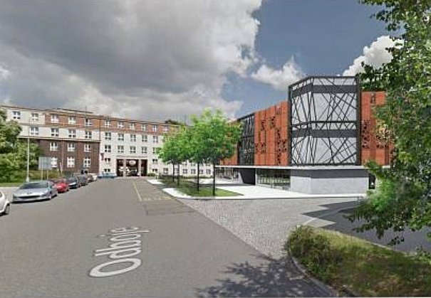 Vizualizace parkovacího domu u Městské nemocnice v Ostravě. Pohled z ulice Odboje.
