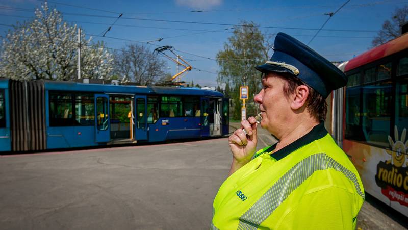 Za pomoci píšťalky vysílá Květa Gajová tramvaje linky číslo 5 ze smyčky v Porubě na přibližně jedenáctikilometrovou trasu do Zátiší. Nikde jinde v Česku tramvajového výpravčího už nepotkáte!