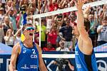 FIVB Světové série v plážovém volejbalu J&T Banka Ostrava Beach Open, 1. června 2019 v Ostravě. Na snímku (zleva) David Schweiner (CZE), Ondrej Perusic (CZE).