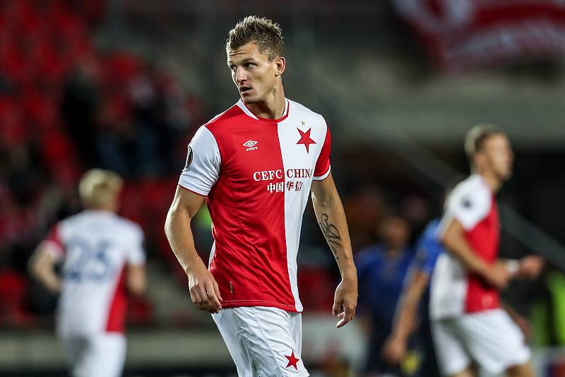 Zápas Evropské ligy mezi Slavia Praha a Maccabi Tel Aviv, hraný 14. září v Praze. Tomáš Necid