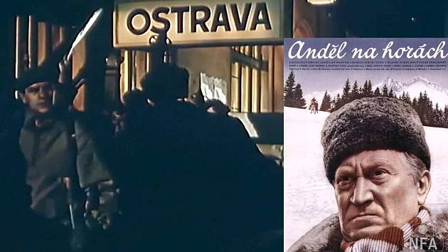 Záběr z filmu Anděl na horách z údajného nádraží v Ostravě a plakát k filmu.