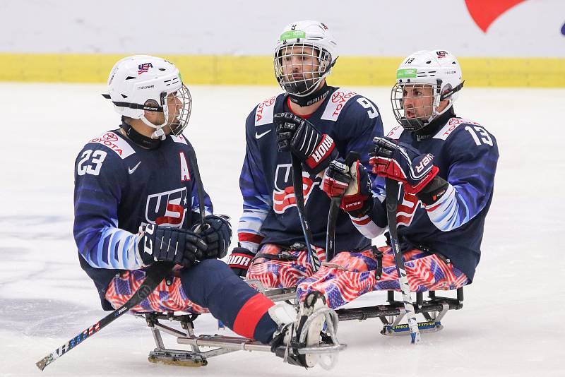 Mistrovství světa v para hokeji 2019, 3. května 2019 v Ostravě. Na snímku (zleva) Roman Rico (USA), Dodson Travis (USA), Mcdermott Luke (USA).