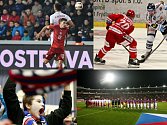 Koláž snímků z hokejového derby a přípravy na Euro v Ostravě 13. listopadu 2015.