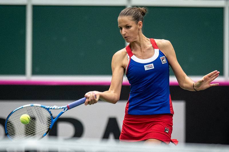 Utkání 1. kola Světové skupiny tenisového Fed Cupu: ČR - Rumunsko, 9. února 2019 v Ostravě. Karolína Plíšková proti Mihaela Buzarnescu.