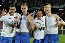 15. SRPNA 2014. To byl den, kdy fotbalisté Baníku Ostrava slavně vyhráli na Spartě 1:0. Zleva Patrizio Stronati, Jan Baránek, Daniel Holzer a Michal Frydrych. Foto: FC Baník Ostrava