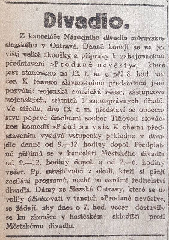 Zpráva z tisku - Moravskoslezský deník 8.8.1919.