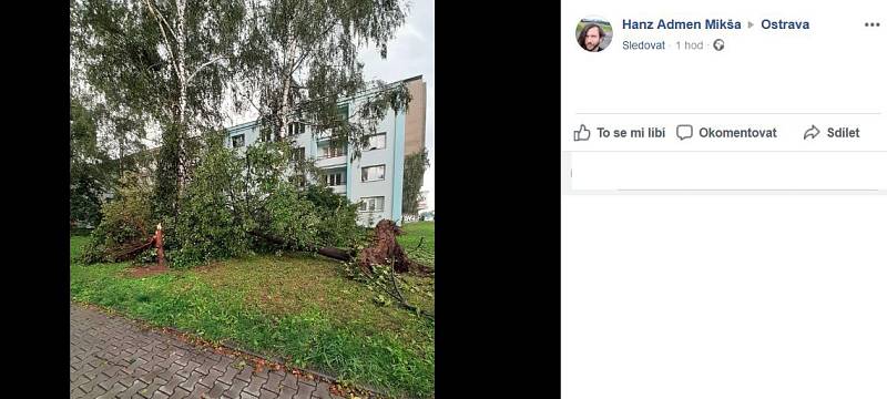 Snímek ze sociální sítě - následky pondělní bouřky v Ostravě, 26. srpna 2019.