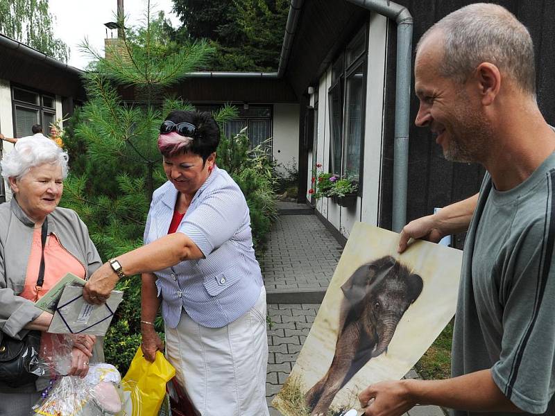 Sloní matku Johti její mládě Rashmi ušily z látek v dílnách klientky Domova pro Seniory Sluníčko v Ostravě-Zábřehu. Dárek pro ostravskou zoo ve středu předaly jejímu řediteli Petru Čolasovi přímo v pavilonu slonů. 