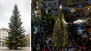 Vánoční strom v Ostravě na Masarykově náměstí, listopad 2023. Vlevo snímek ze dne příjezdu, vpravo ze dne jeho rozsvícení.