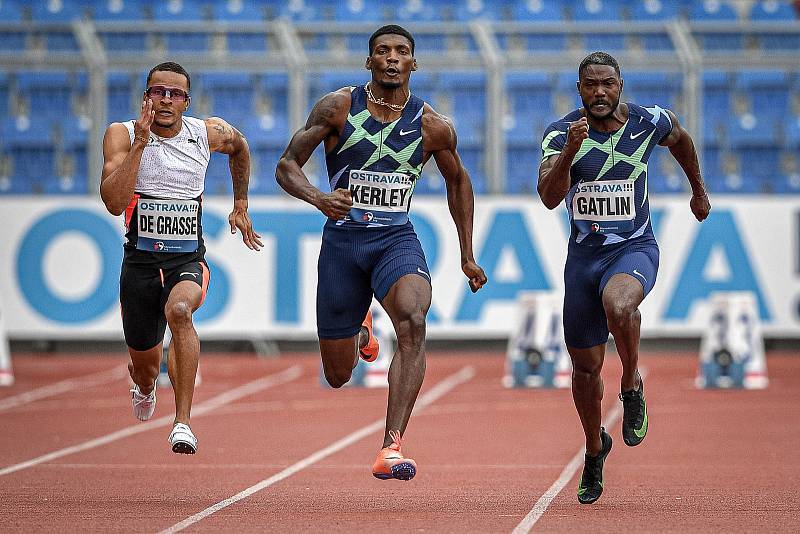 Zlatá tretra, atletický mítink kategorie Continental Tour - Gold, 19. května 2021 v Ostravě. (zleva) 100m muži, André De Grasse (CAN), Fred Kerley (USA) a Justin Gatlin (USA).