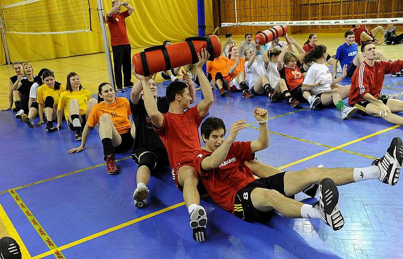 Společný trénink fanoušků a profesionálních volejbalistů v hale Sareza v Hrušovské ulici. 