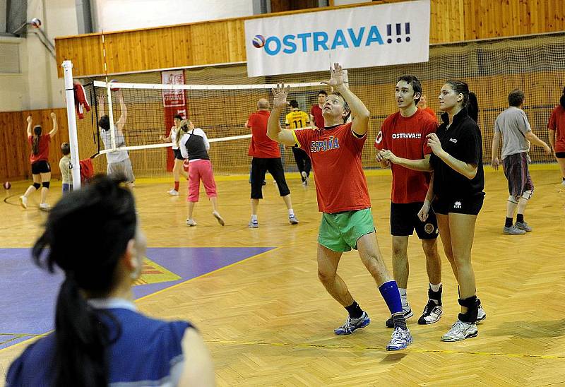 Společný trénink fanoušků a profesionálních volejbalistů v hale Sareza v Hrušovské ulici. 