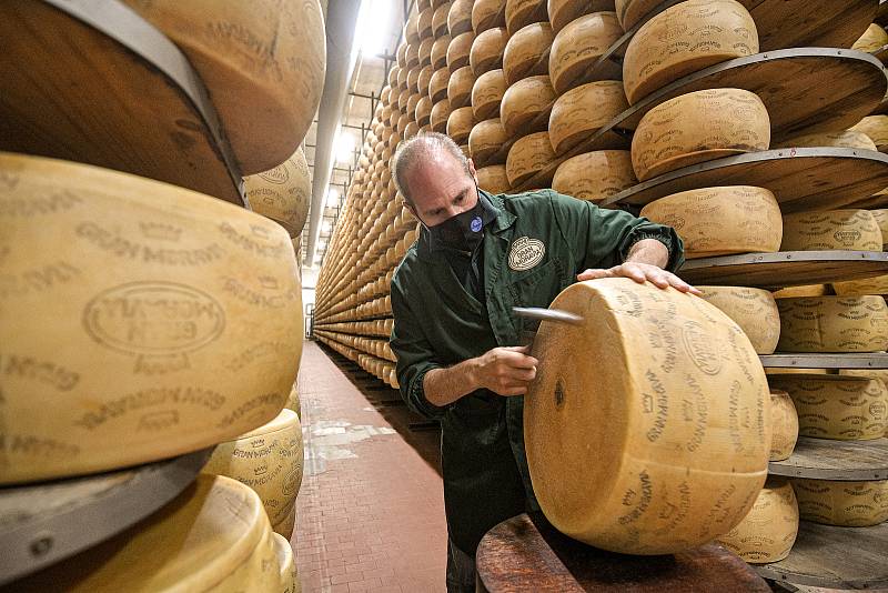 Tradiční sklad sýrů společnosti Gran Moravia, 11. srpna 2021 v Bevadoro, Itálie. Zaměstnanec Antonio Casalin provádí tzv. battitore (klepač sýrů).