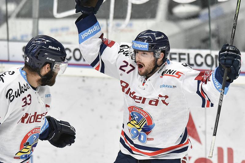 Utkání 44. kola hokejové extraligy: HC Vítkovice Ridera - HC Olomouc, 23. ledna 2019 v Ostravě. Na snímku (zleva) Poletín Michal a Rastislav Dej.