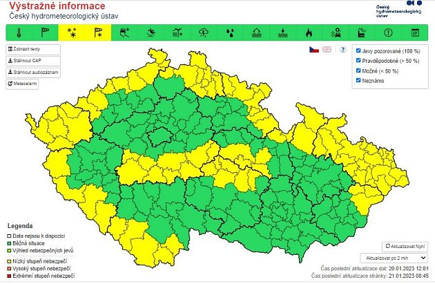 Výstraha aktualizovaná v sobotu ráno, v 08.45 hodin.