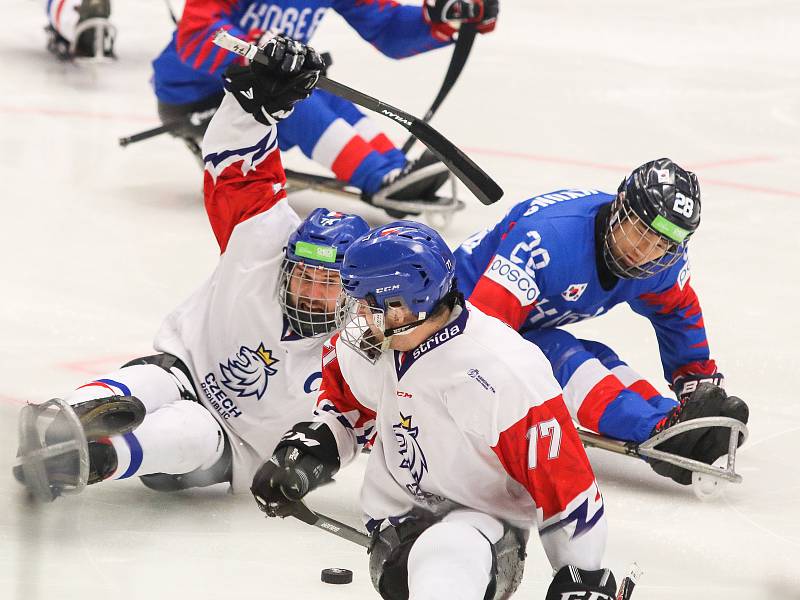 Mistrovství světa v para hokeji 2019, Korea - Česká republika (zápas o 3. místo), 4. května 2019 v Ostravě. Na snímku (zleva) Geier Michal (CZE), Palat David (CZE), Lee Jong Kyung (KOR).