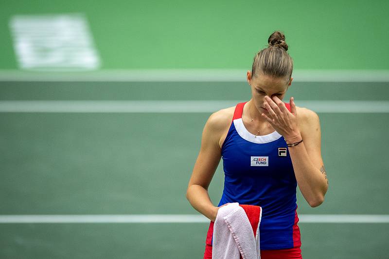 1. kolo tenisového Fed Cupu: Česká Republika - Rumunsko, 10. února 2019 v Ostravě. Zápas mezi Karolinou Plíškovou (na snímku) a Simonou Halepovou.