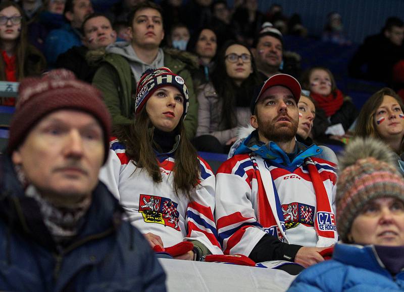 Olympijský festival v Ostravě, 23. února 2018. Sledování hokejového zápasu Česko-Rusko.