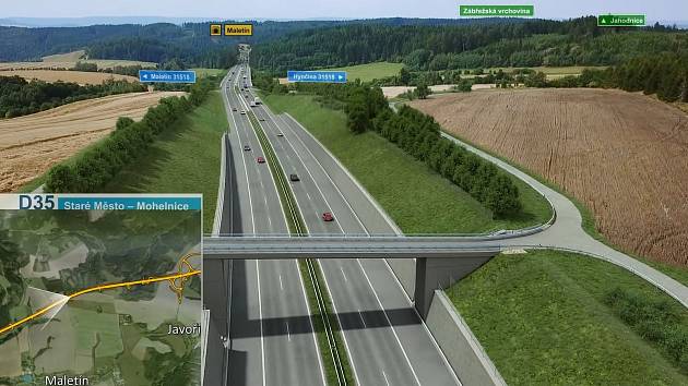 Vizualizace budoucí dálnice D35 mezi Mohelnicí a Starým Městem