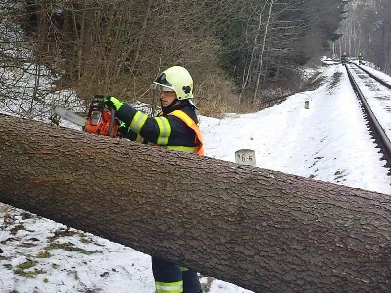 Odstraňování stromu padlého přes železniční trať u Malé Moravy