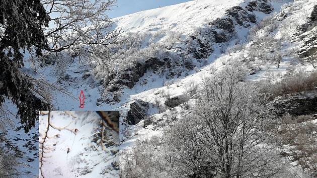 Velká Kotlina v Jeseníkách. Šipkou označeno místo, kde se pohybovala dvojice horolezců.