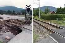 Vlevo červenec 1997 - u penzionu Oáza v Loučné nad Desnou si rozvodněná řeka Desná našla nové koryto. S sebou odnesla železniční trať. Vpravo stejné místo v roce 2022