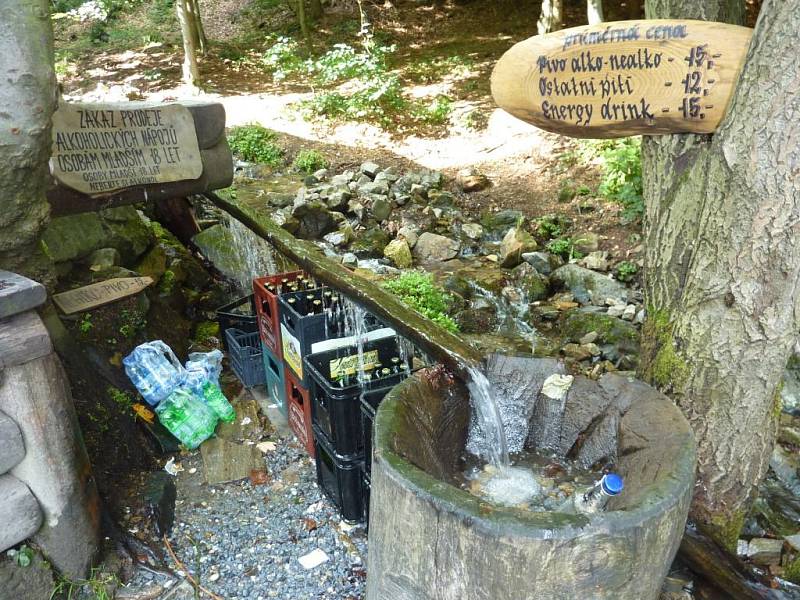 Samoobslužný lesní bar na stezce nad Horní Lipovou v Rychlebech.