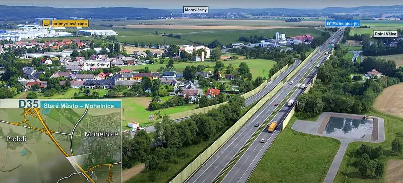 Vizualizace dálnice D35 Staré Město - Mohelnice. Z videoprezentace ŘSD