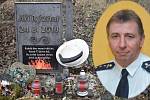 Zábřežský profesionální hasič Jiří Rýznar zemřel při nehodě při výjezdu k zásahu. V koláži pieta na místě tragédie u Libivé na Mohelnicku